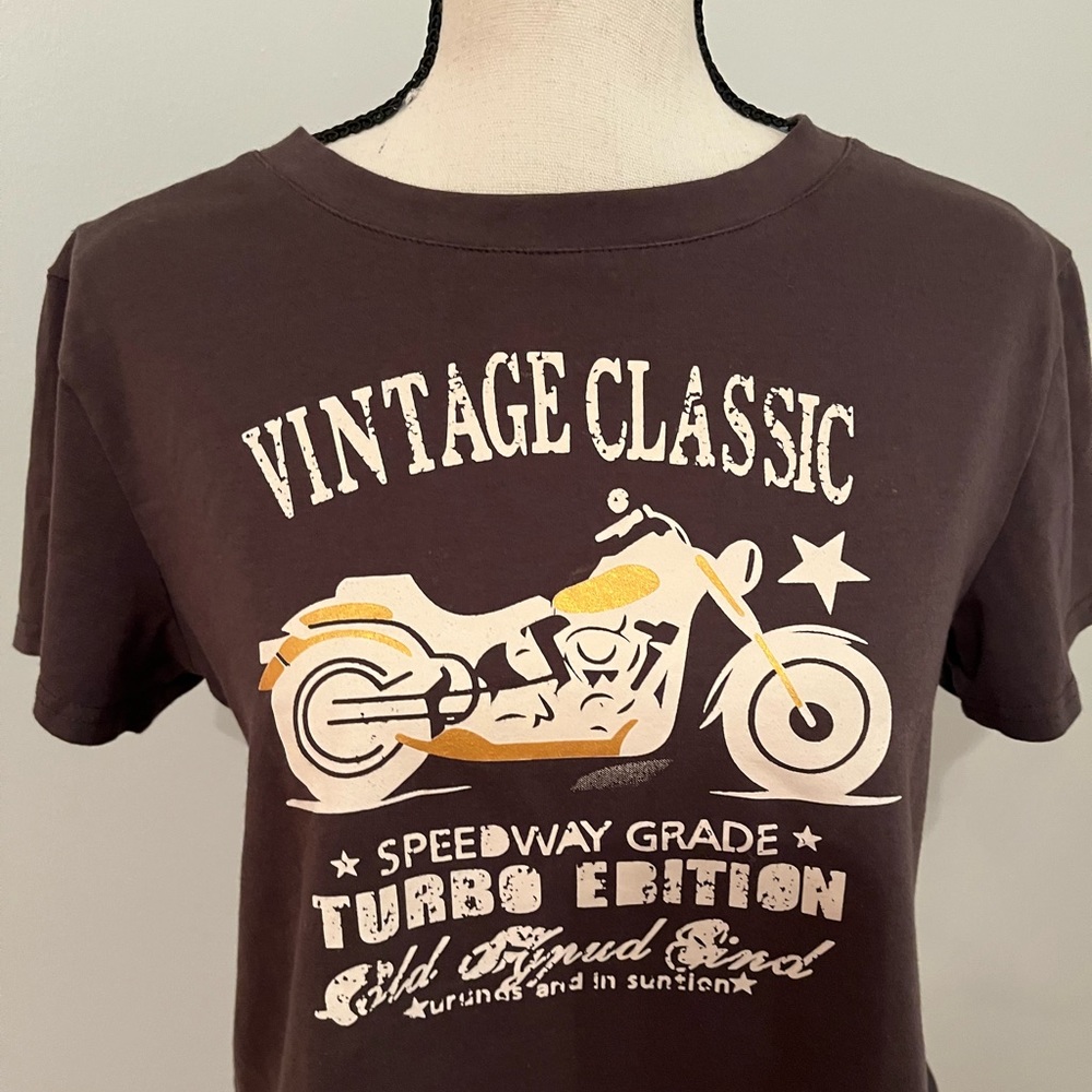 Vintage Classic “ Grey Cropped Tee Motorcycle ROMWE Women’s Size Small